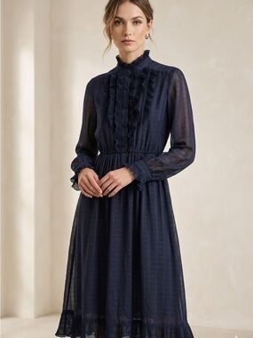 VTG Navy Blue Sheer Grid Ruffle Midi Dress - High Neck Pleated Japan made